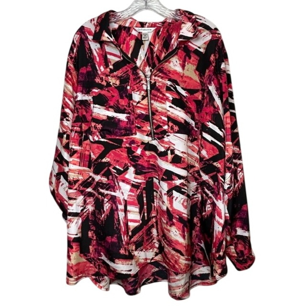 Croft & Barrow Women's Brushstroke Abstract 1/4 Zip Tunic Blouse 2X Red Black